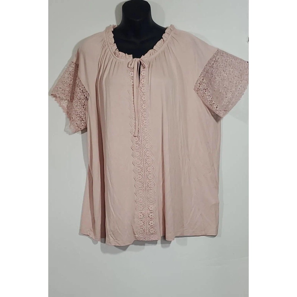 Cable & Gauge Pinkish Crocheted Ruffled Short Sleeve Stretch 2X Tunic Top